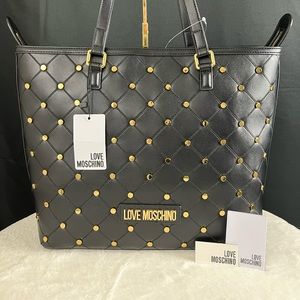 NWT Love Moschino Black Tote Gold Stud Logo Shoulder Bag Borsa Pu Nero Handbag